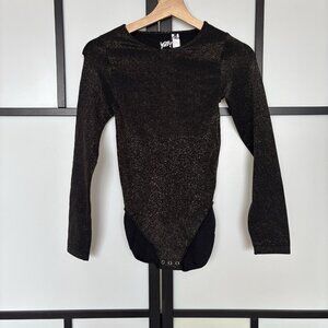 Yitty Fabletics Black Gold Sparkle Long Sleeve Bodysuit  XL Sexy Shapewear NEW